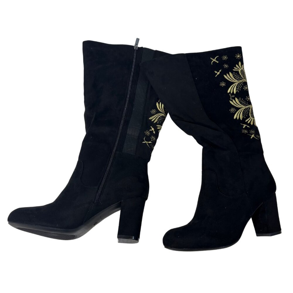 Black and Gold Knee High Heeled Boots (Size 11W/ Wide Calf)